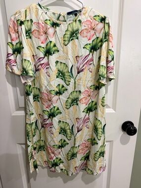 Shore Sicily Floral Leaf Print Short Sleeve Dress - White/Pink/Green NWT medium